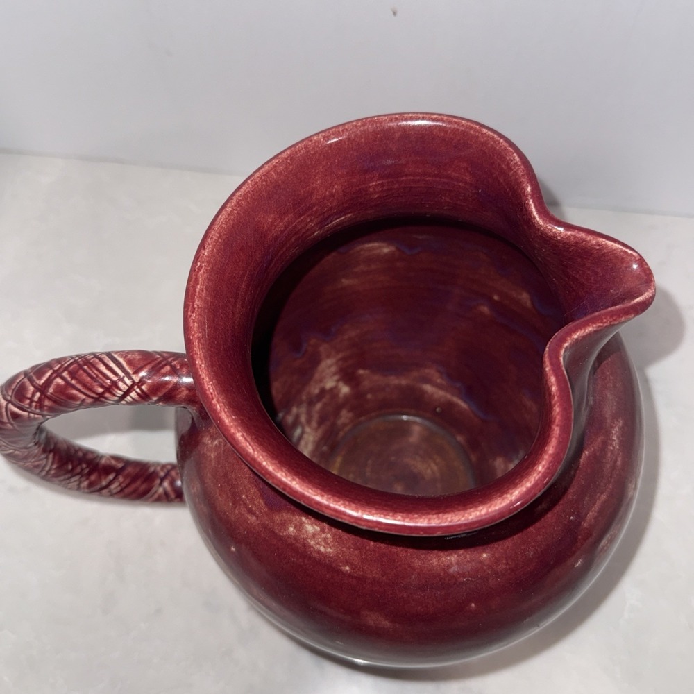 Red Ceramic Pitcher With Thatched Handed - Picture 6 of 12